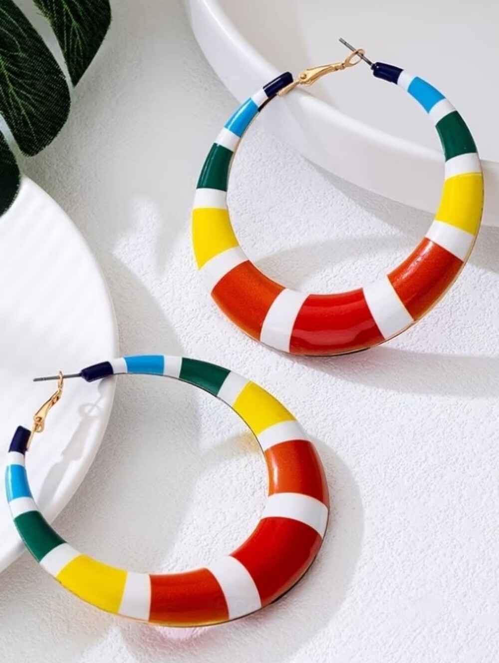 NEW! Classic Gold Enamel Colorblock Large Hoop Earrings - Multicolor Stripe